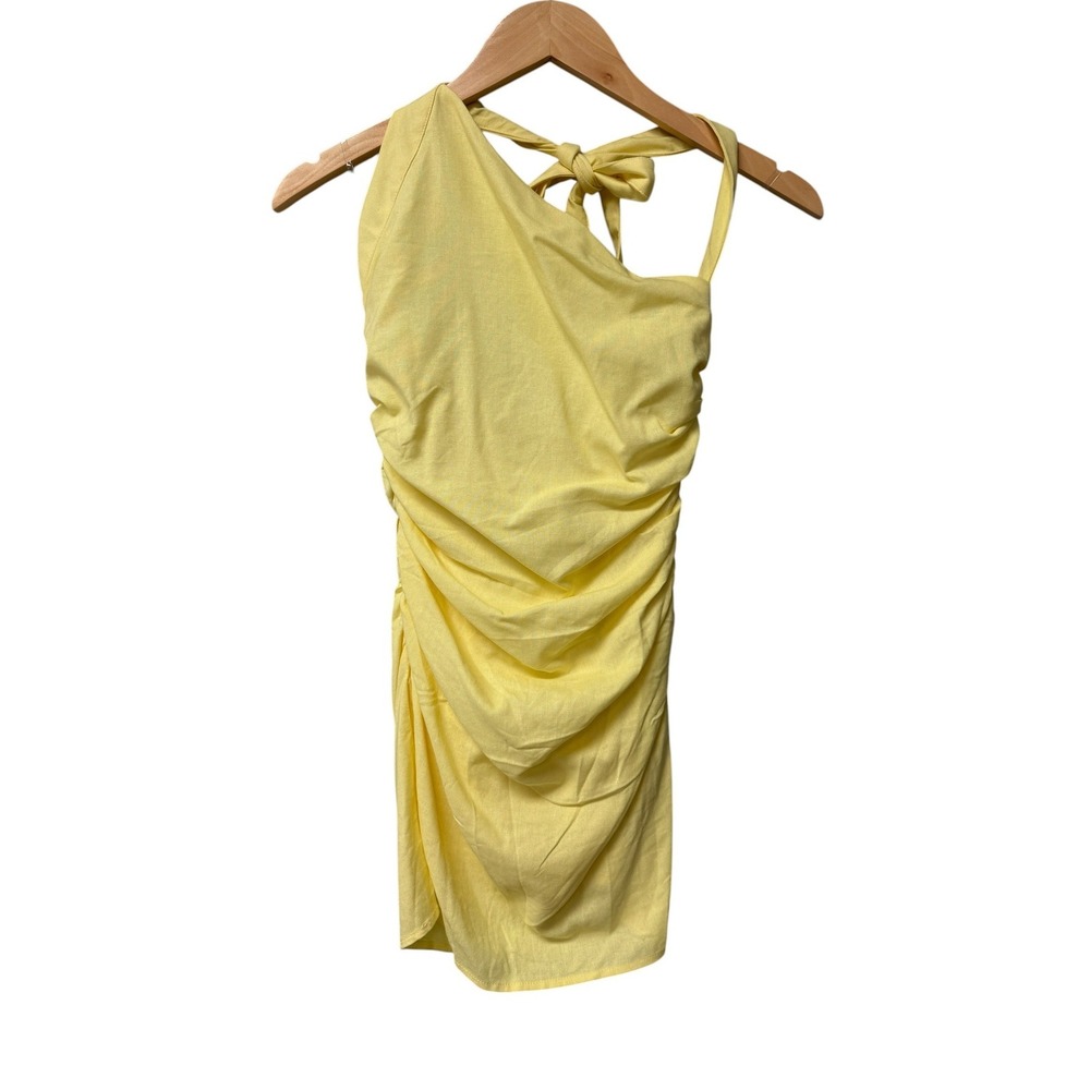 NWT Peppermayo Annalissa Linen Mini Dress Women's 2 Yellow One Shoulder Ruched - Picture 4 of 7